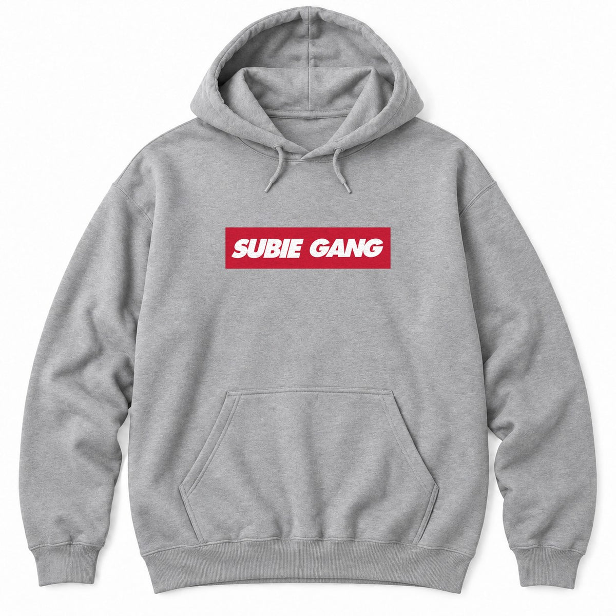 Athletic Heather hoodie with SUBIE GANG in white italic letters on a red box logo