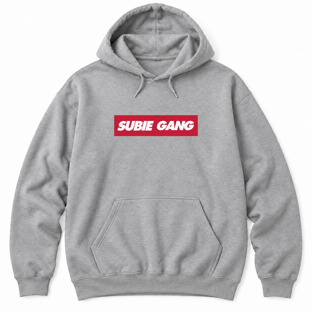 Athletic Heather hoodie with SUBIE GANG in white italic letters on a red box logo