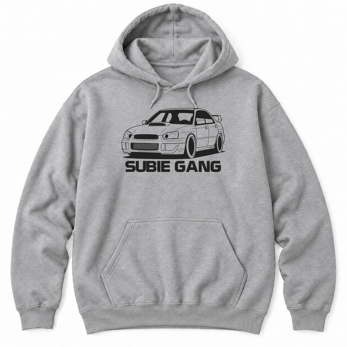 Athletic Heather hoodie with a white line drawing of an AWD rally sedan with a hood scoop and big wing above a gang slogan