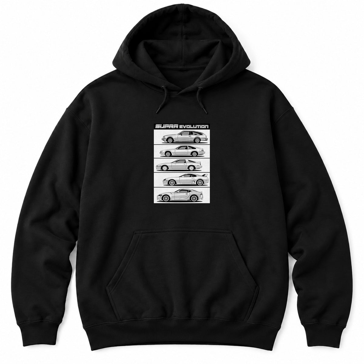 Black hoodie with five side-profile line drawings of JDM sports car generations stacked under a bold header