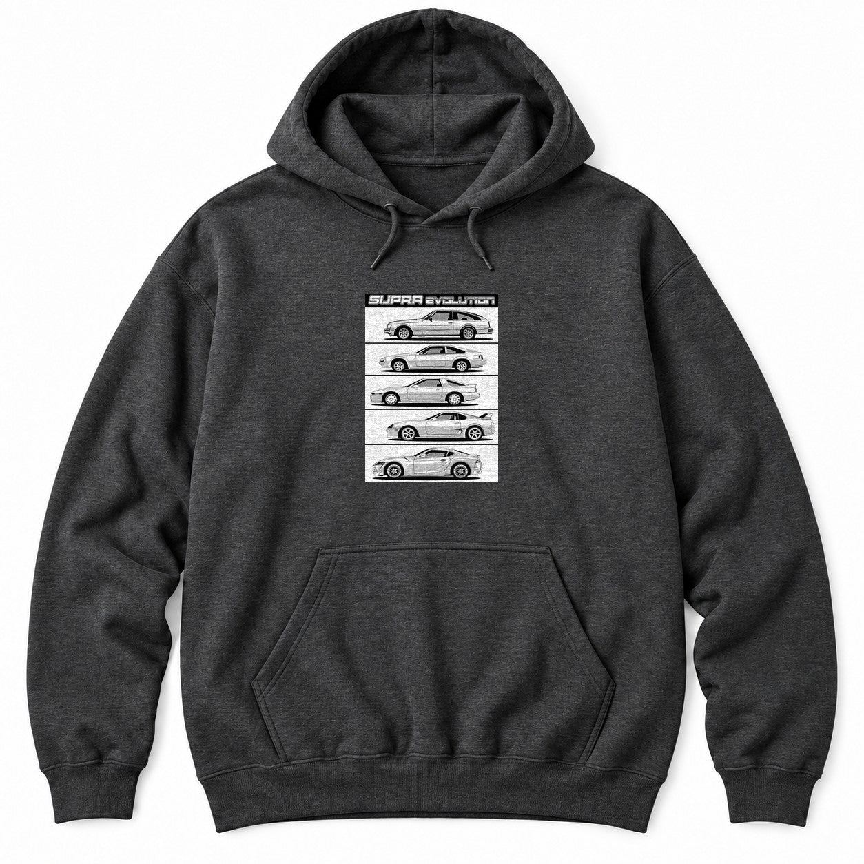 Dark Heather hoodie with five side-profile line drawings of JDM sports car generations stacked under a bold header