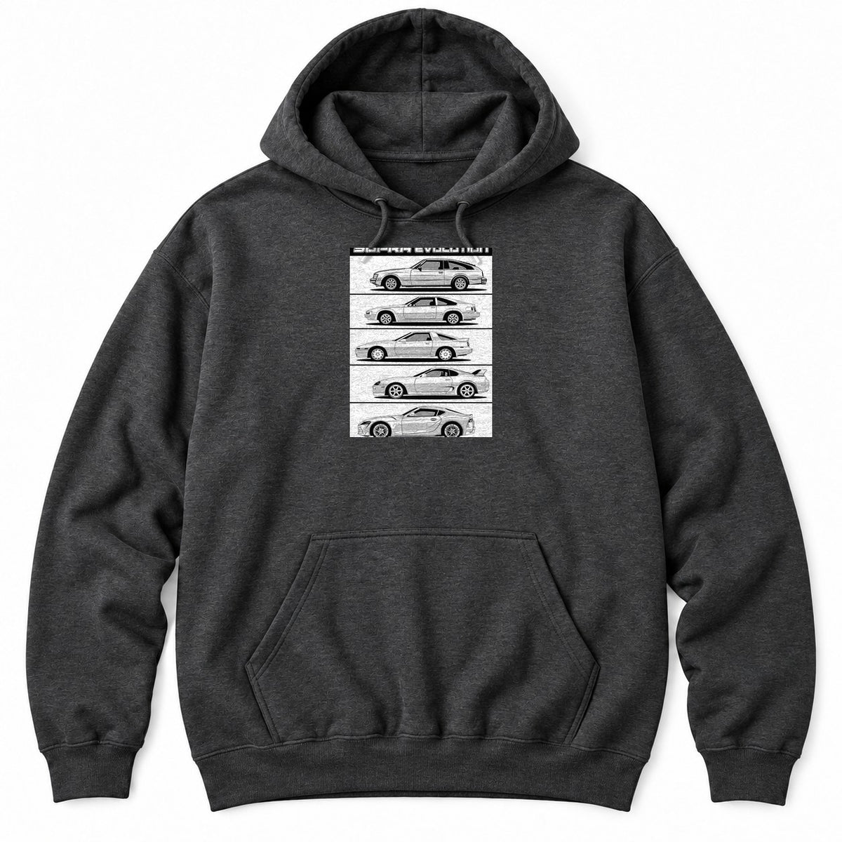 Dark Heather hoodie with five side-profile line drawings of JDM sports car generations stacked under a bold header