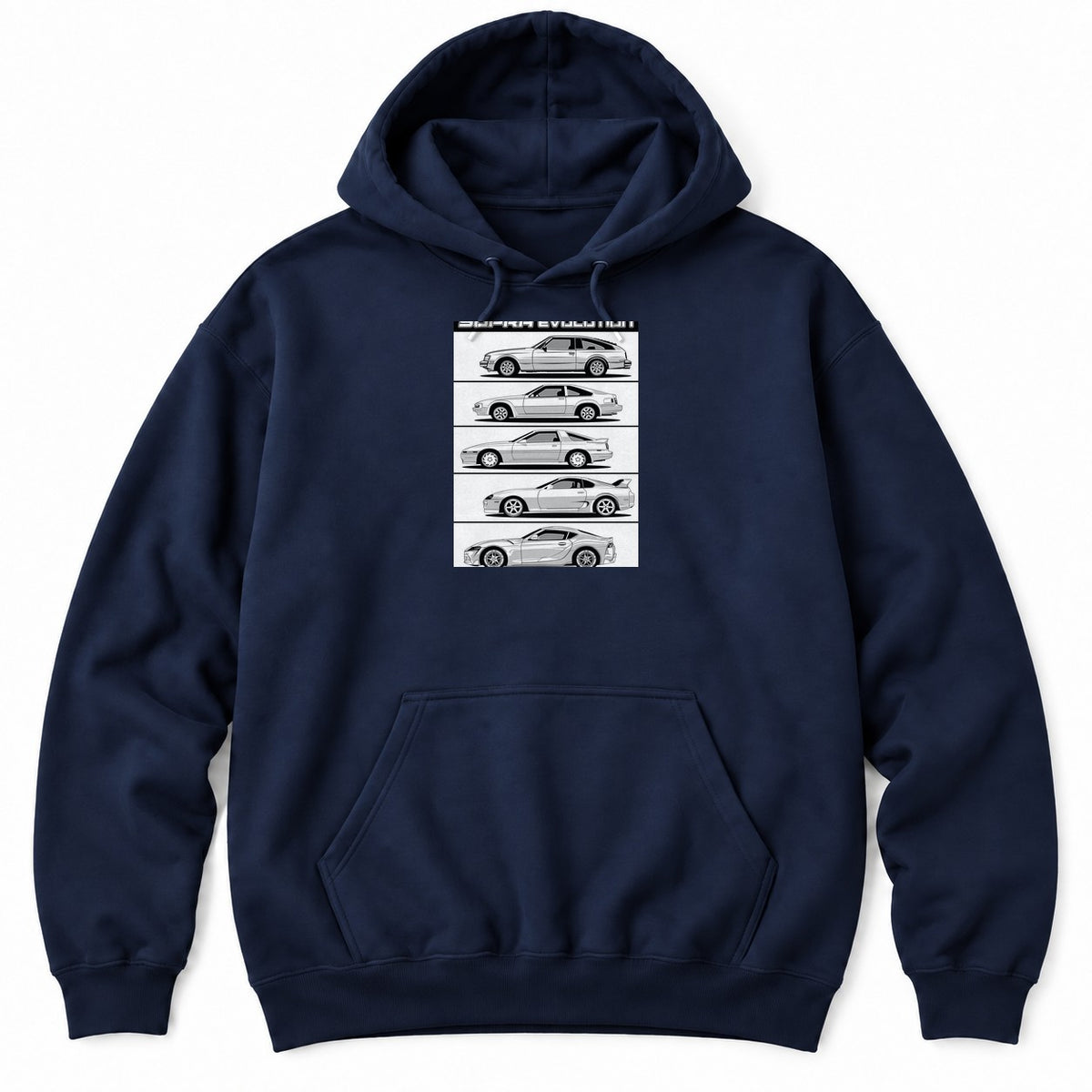 Navy hoodie with five side-profile line drawings of JDM sports car generations stacked under a bold header