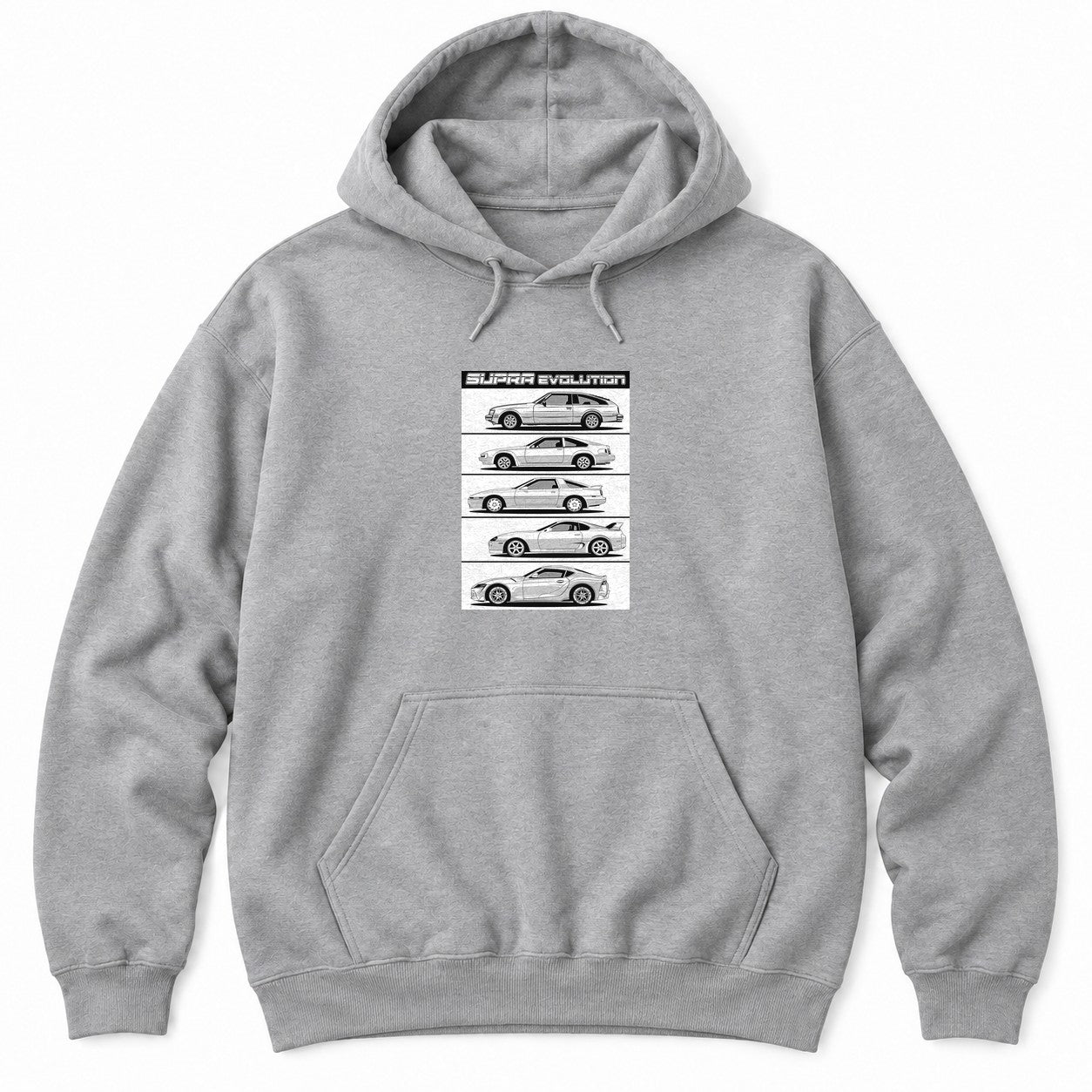 Sport Grey hoodie with five side-profile line drawings of JDM sports car generations stacked under a bold header