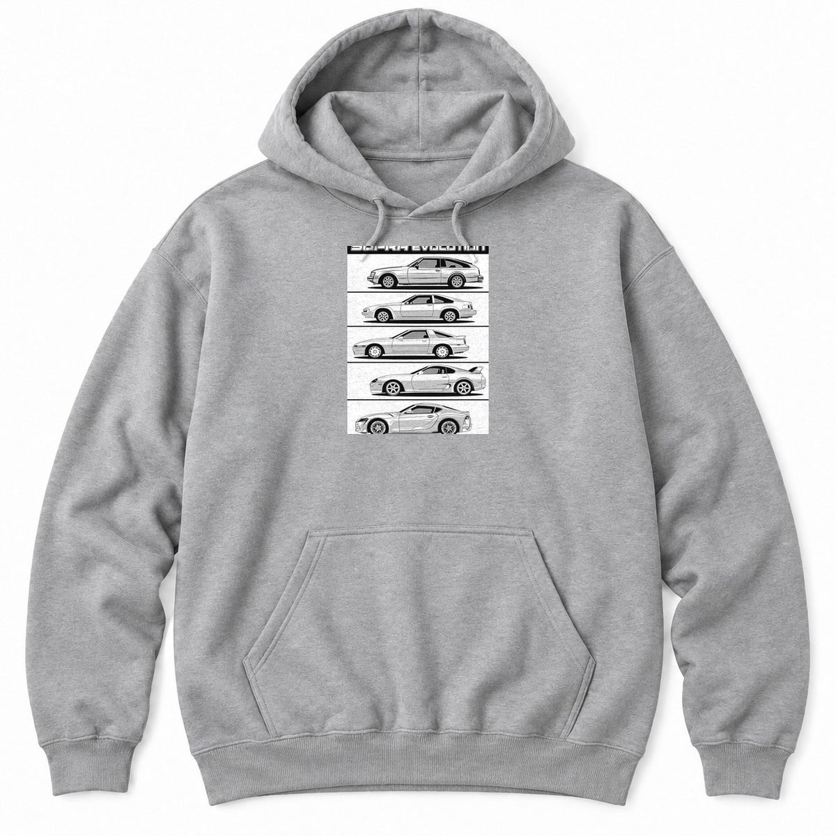 Sport Grey hoodie with five side-profile line drawings of JDM sports car generations stacked under a bold header