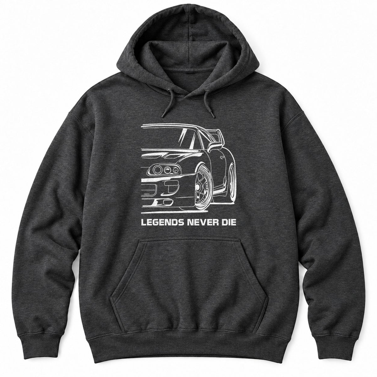 Dark Heather hoodie with a white line drawing of a 90s JDM sports car with triple round headlights and LEGENDS NEVER DIE