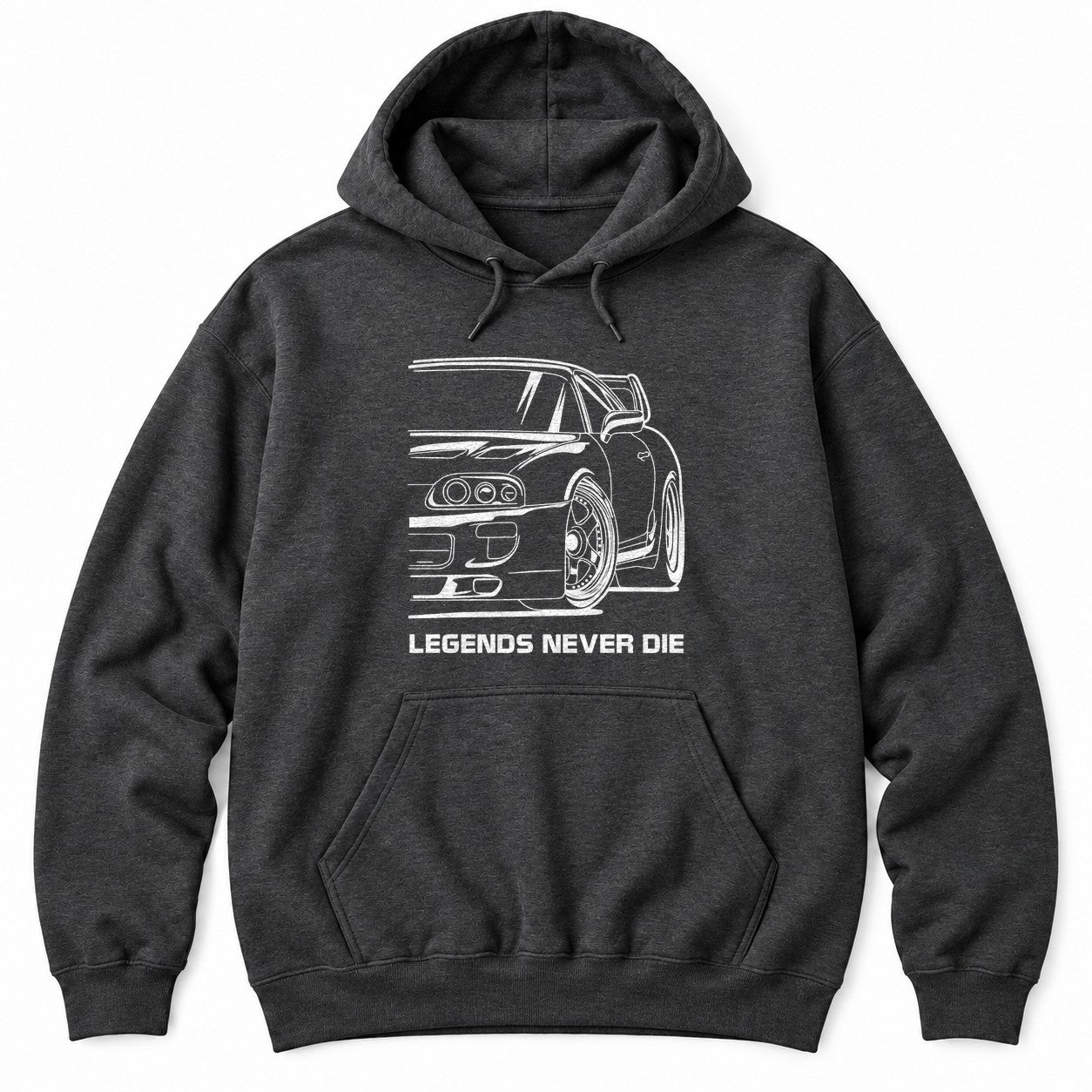 Dark Heather hoodie with a white line drawing of a 90s JDM sports car with triple round headlights and LEGENDS NEVER DIE