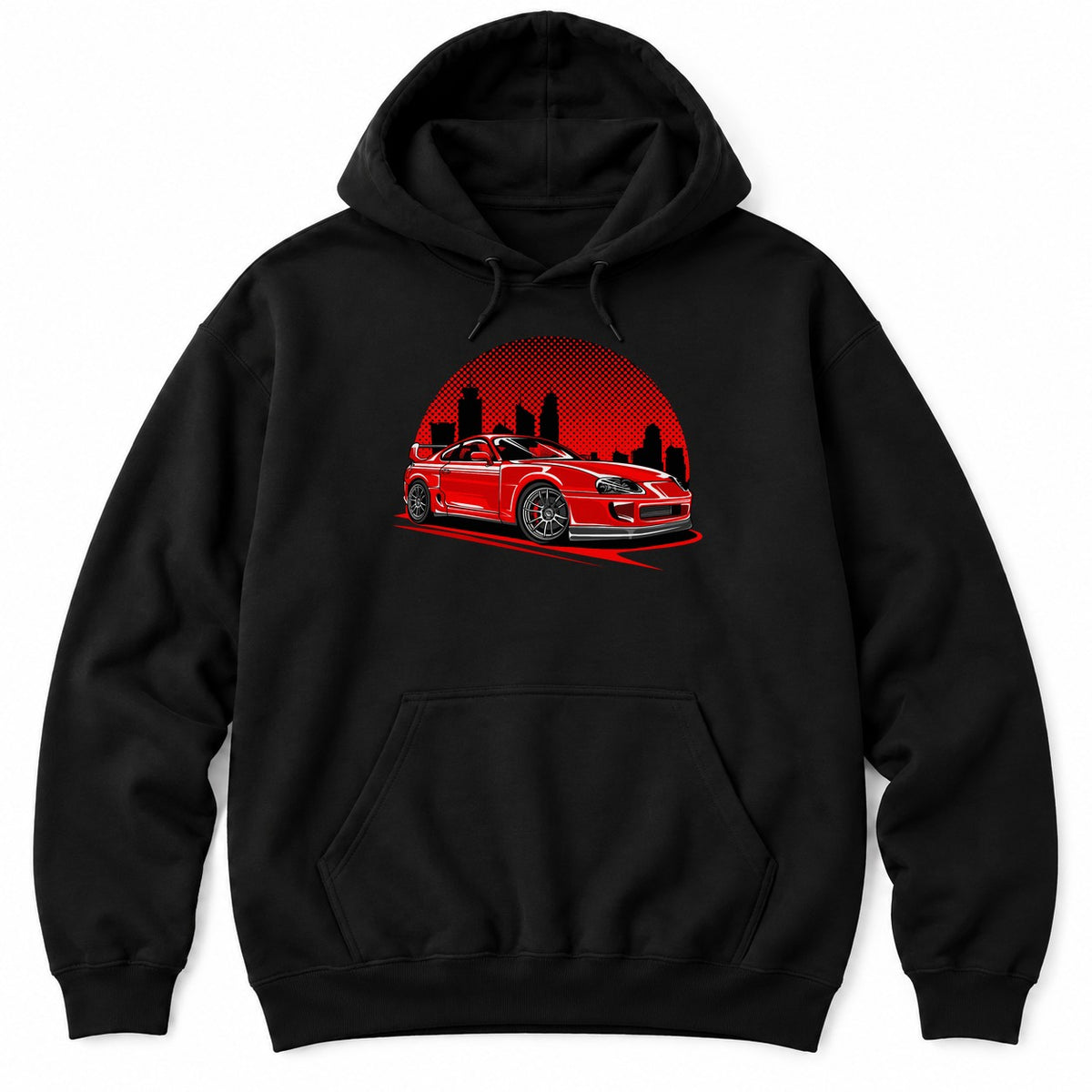 Black hoodie with a red JDM sports car in front of a red halftone sun and a black cityscape