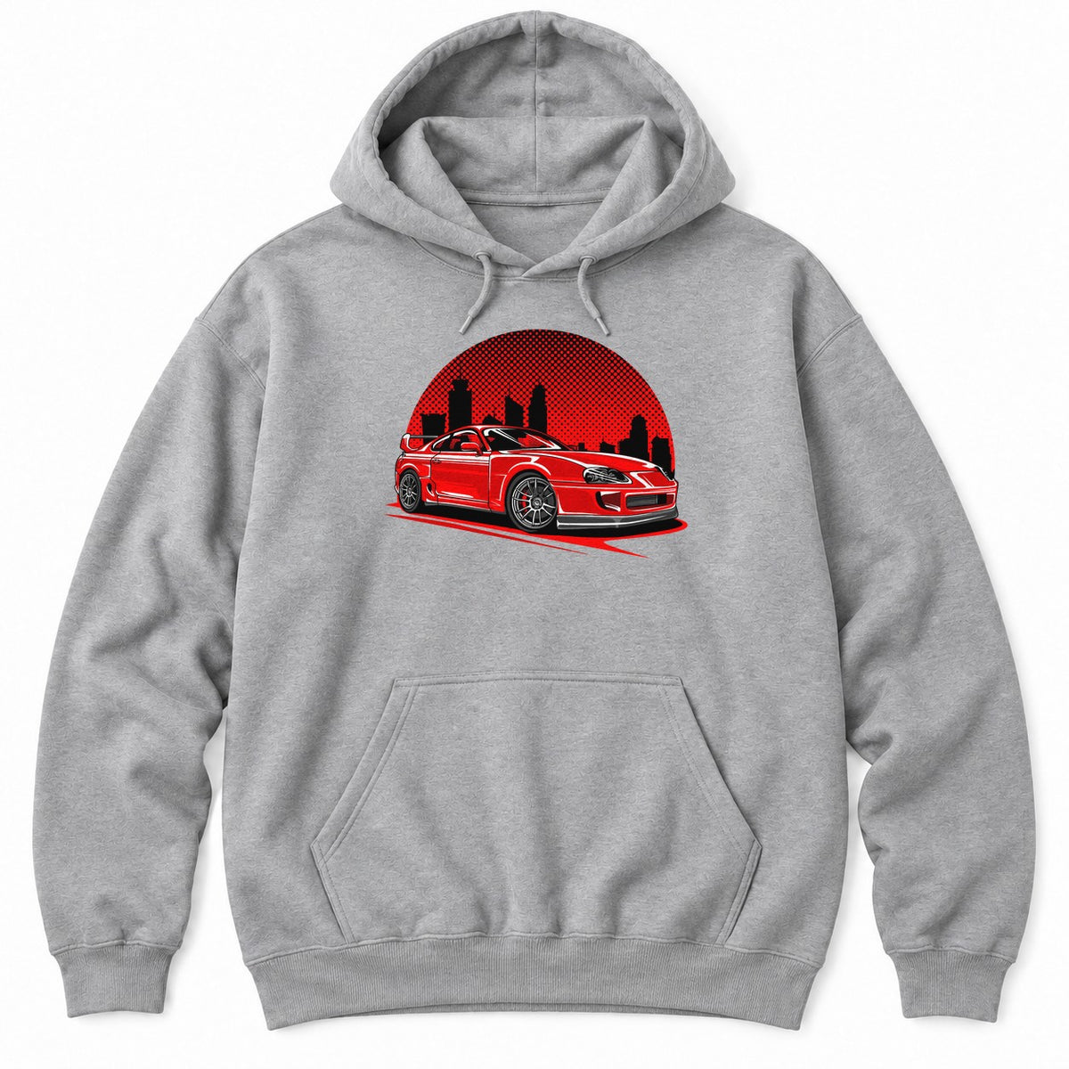 Sport Grey hoodie with a red JDM sports car in front of a red halftone sun and a black cityscape