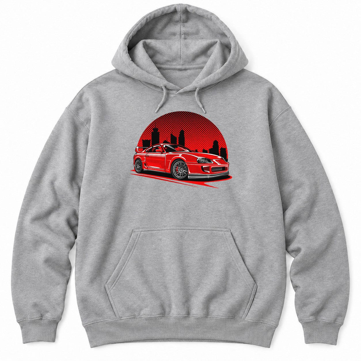 Sport Grey hoodie with a red JDM sports car in front of a red halftone sun and a black cityscape