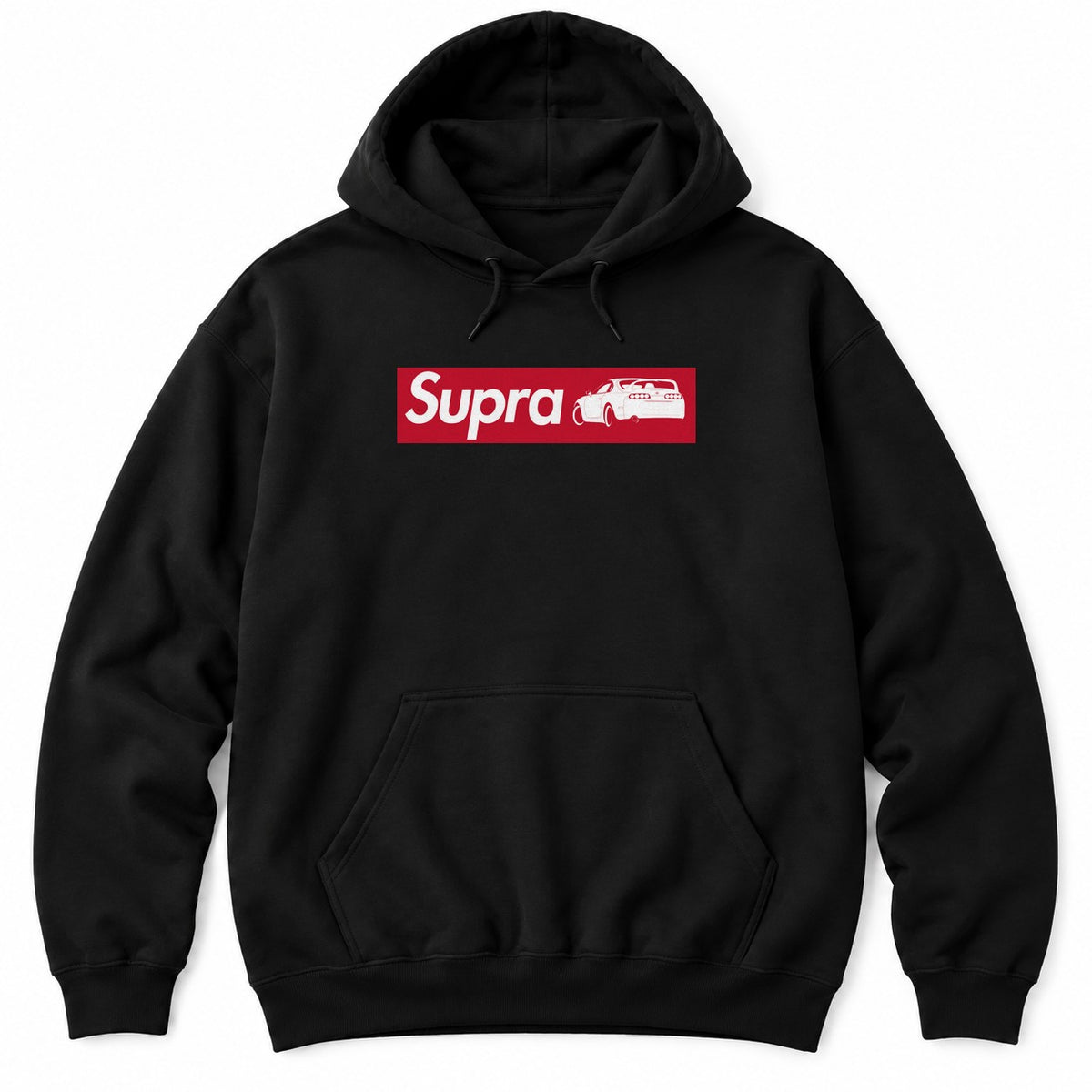 Black hoodie with a red box logo holding a white sports car name and a rear-view JDM sports car silhouette
