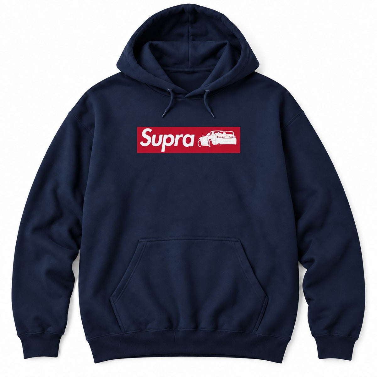 Navy hoodie with a red box logo holding a white sports car name and a rear-view JDM sports car silhouette