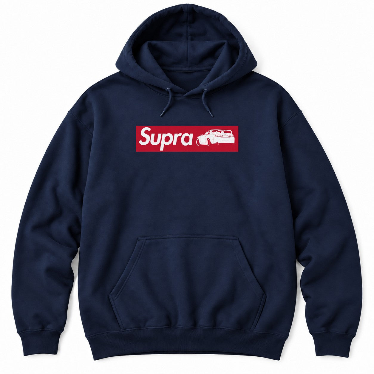 Black hoodie with a red box logo holding a white sports car name and a rear-view JDM sports car silhouette