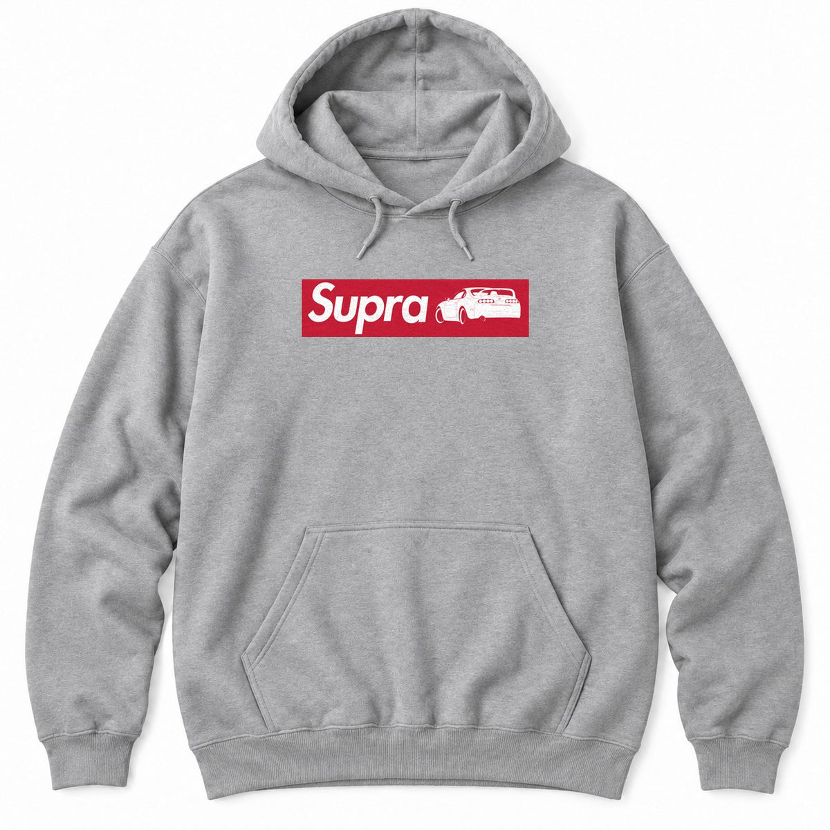 Sport Grey hoodie with a red box logo holding a white sports car name and a rear-view JDM sports car silhouette