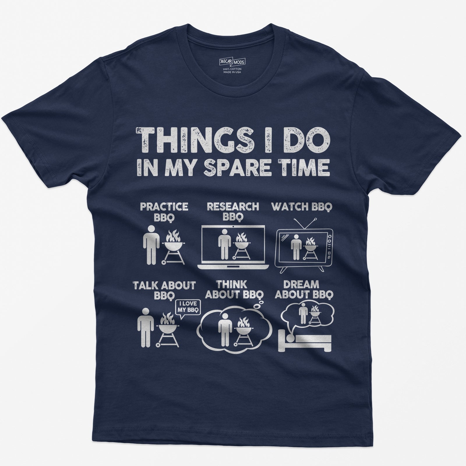 Navy t-shirt with a Things I Do in My Spare Time BBQ print: practice, research, watch, talk, think and dream about BBQ in six small pictures