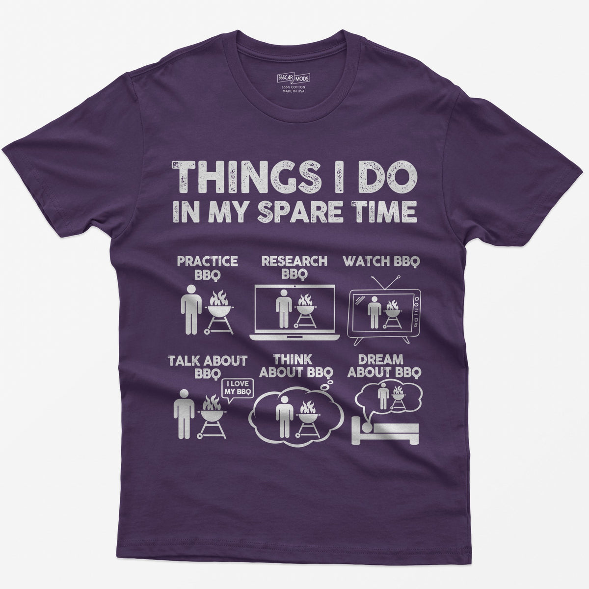Purple t-shirt with a Things I Do in My Spare Time BBQ print: practice, research, watch, talk, think and dream about BBQ in six small pictures