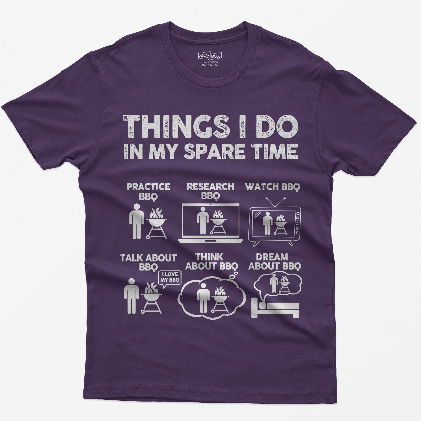 Purple t-shirt with a Things I Do in My Spare Time BBQ print: practice, research, watch, talk, think and dream about BBQ in six small pictures