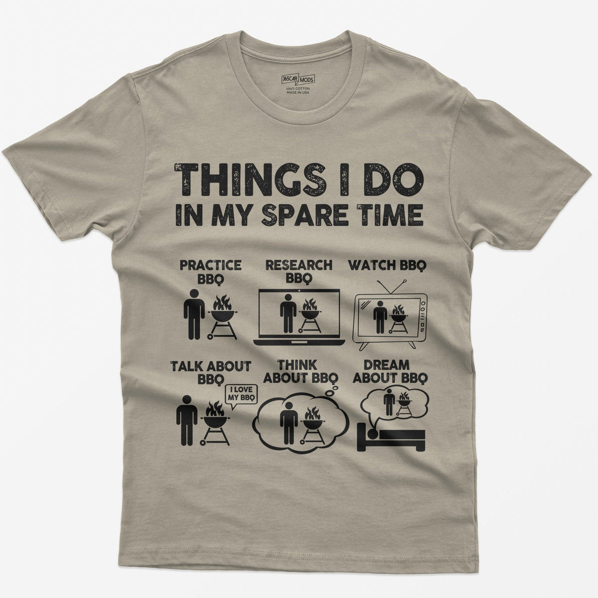 Sand t-shirt with a Things I Do in My Spare Time BBQ print: practice, research, watch, talk, think and dream about BBQ in six small pictures