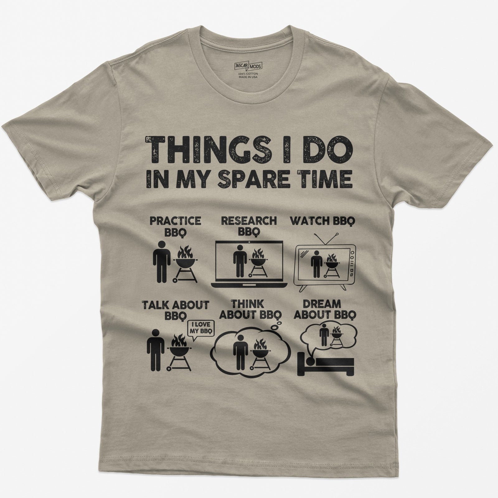 Sand t-shirt with a Things I Do in My Spare Time BBQ print: practice, research, watch, talk, think and dream about BBQ in six small pictures