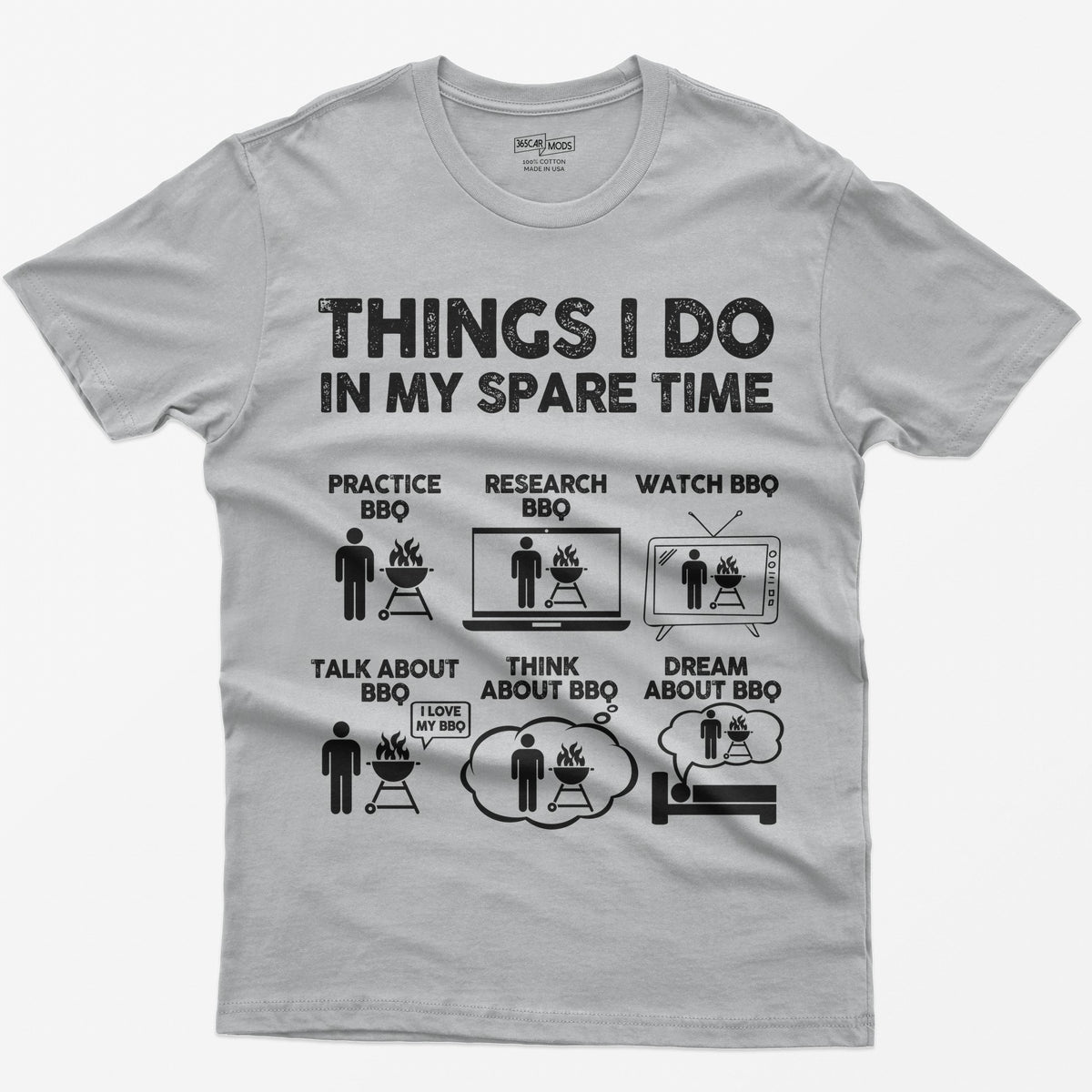 Sport Grey t-shirt with a Things I Do in My Spare Time BBQ print: practice, research, watch, talk, think and dream about BBQ in six small pictures