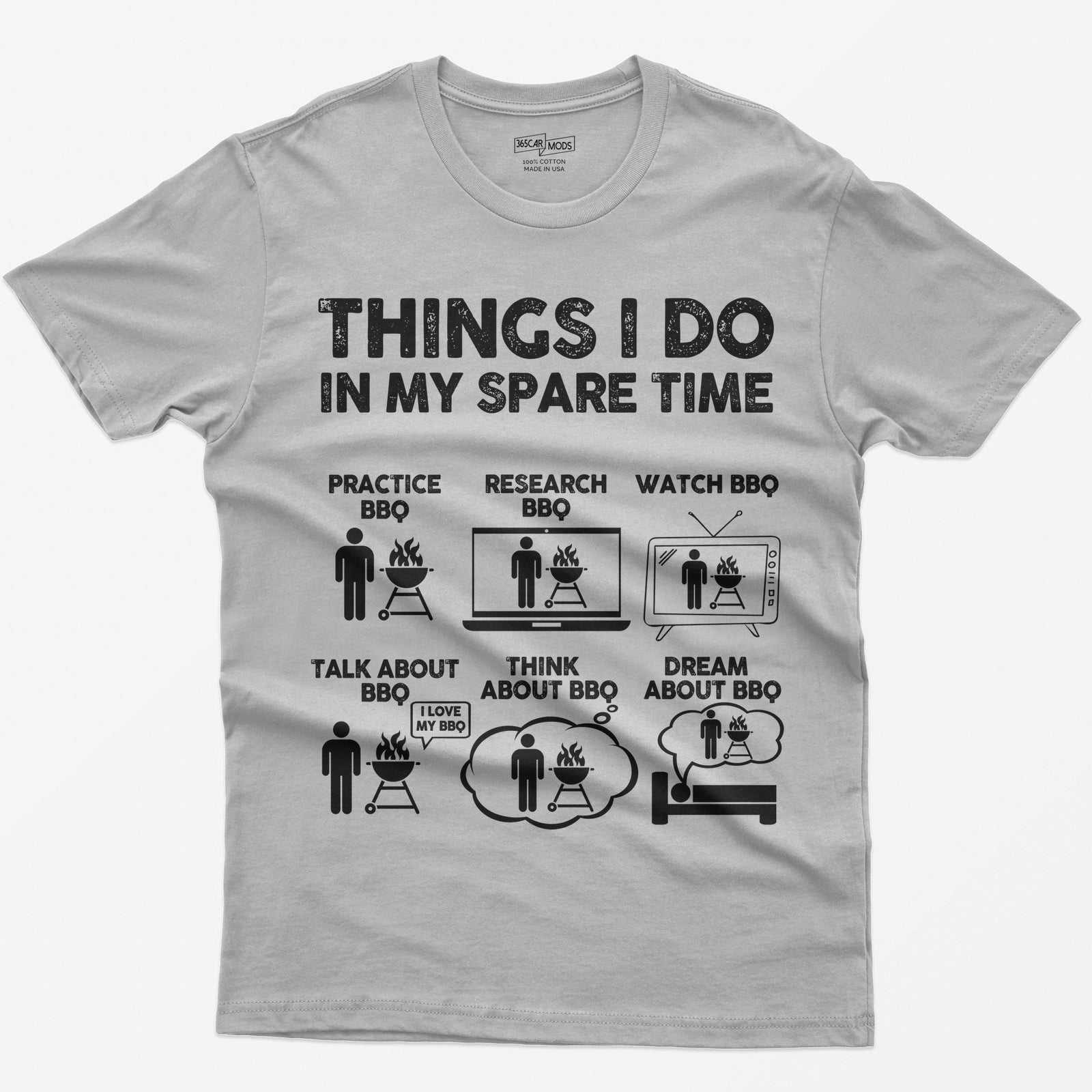 Sport Grey t-shirt with a Things I Do in My Spare Time BBQ print: practice, research, watch, talk, think and dream about BBQ in six small pictures
