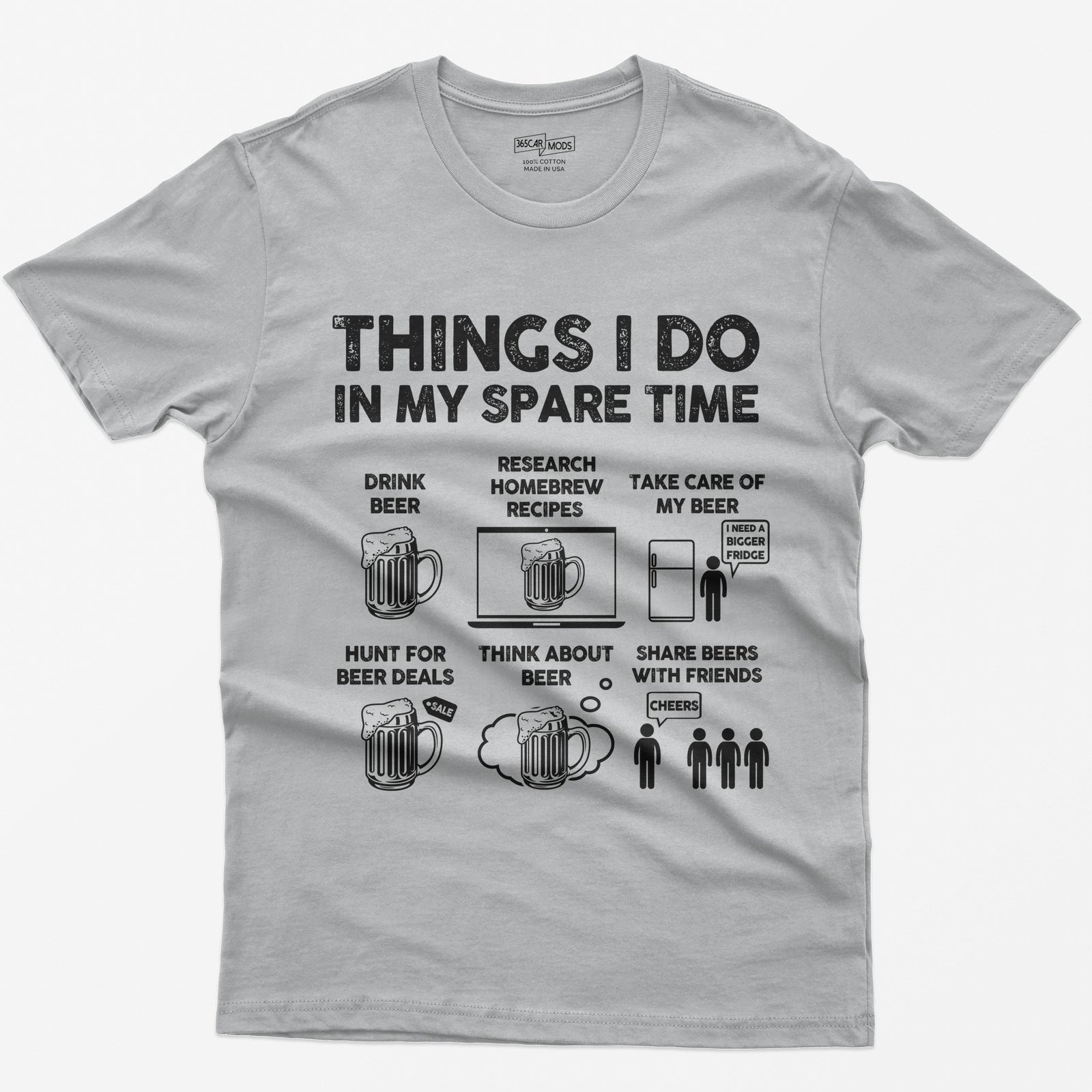 Sport Grey t-shirt with a Things I Do in My Spare Time beer print: drink beer, research homebrew recipes, take care of the beer, hunt for deals, think about beer and share it with friends