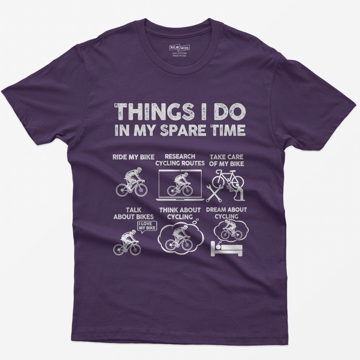 Purple t-shirt with a Things I Do in My Spare Time cycling print: ride, research routes, take care of the bike, talk, think and dream about cycling