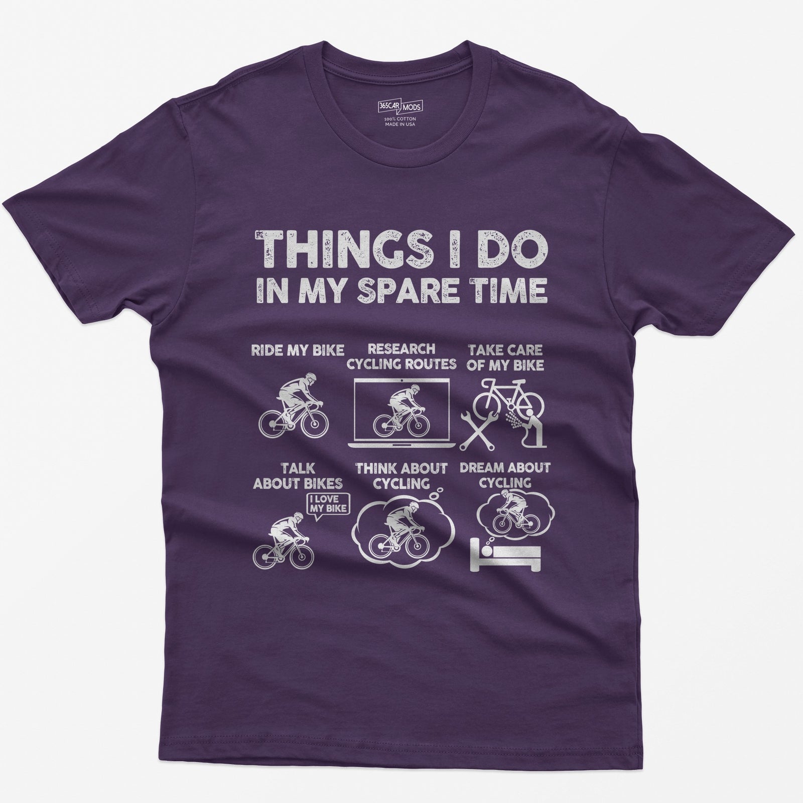 Purple t-shirt with a Things I Do in My Spare Time cycling print: ride, research routes, take care of the bike, talk, think and dream about cycling