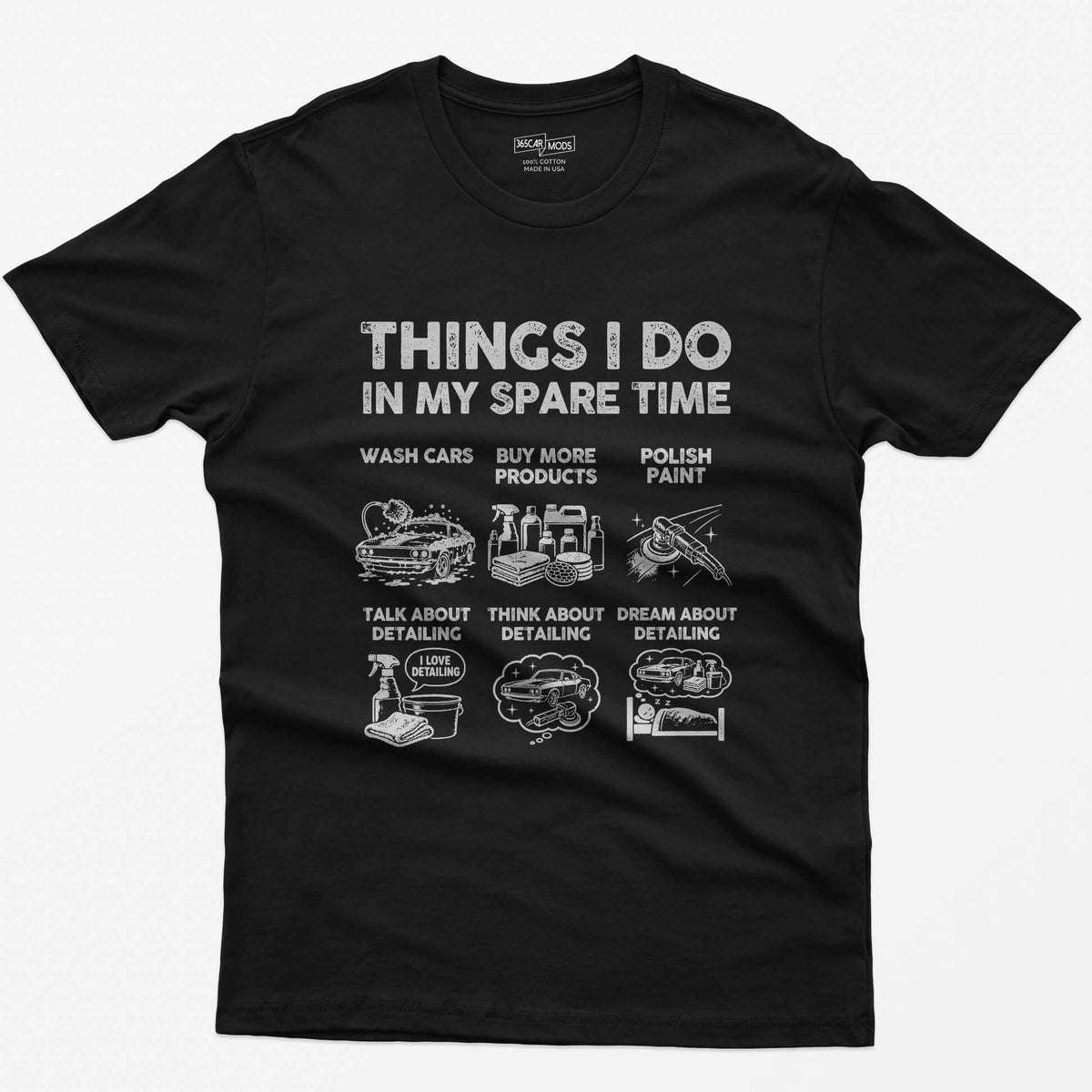 Black t-shirt with Things I Do In My Spare Time print and six detailing panels: wash, products, polish, talk, think, dream