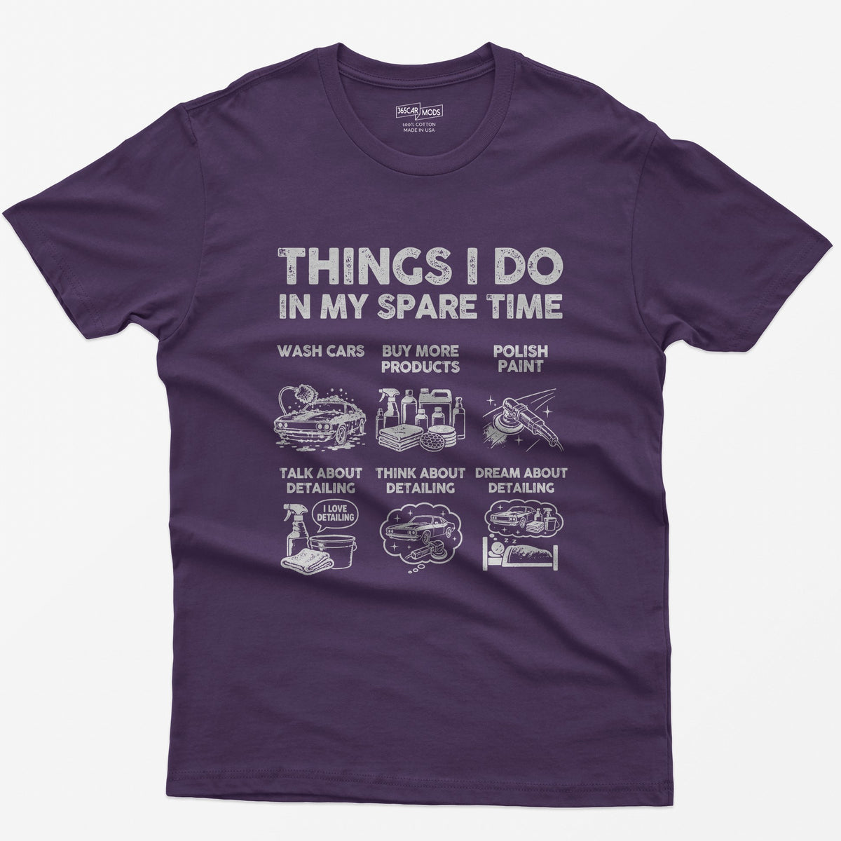 Purple t-shirt with Things I Do In My Spare Time print and six detailing panels: wash, products, polish, talk, think, dream