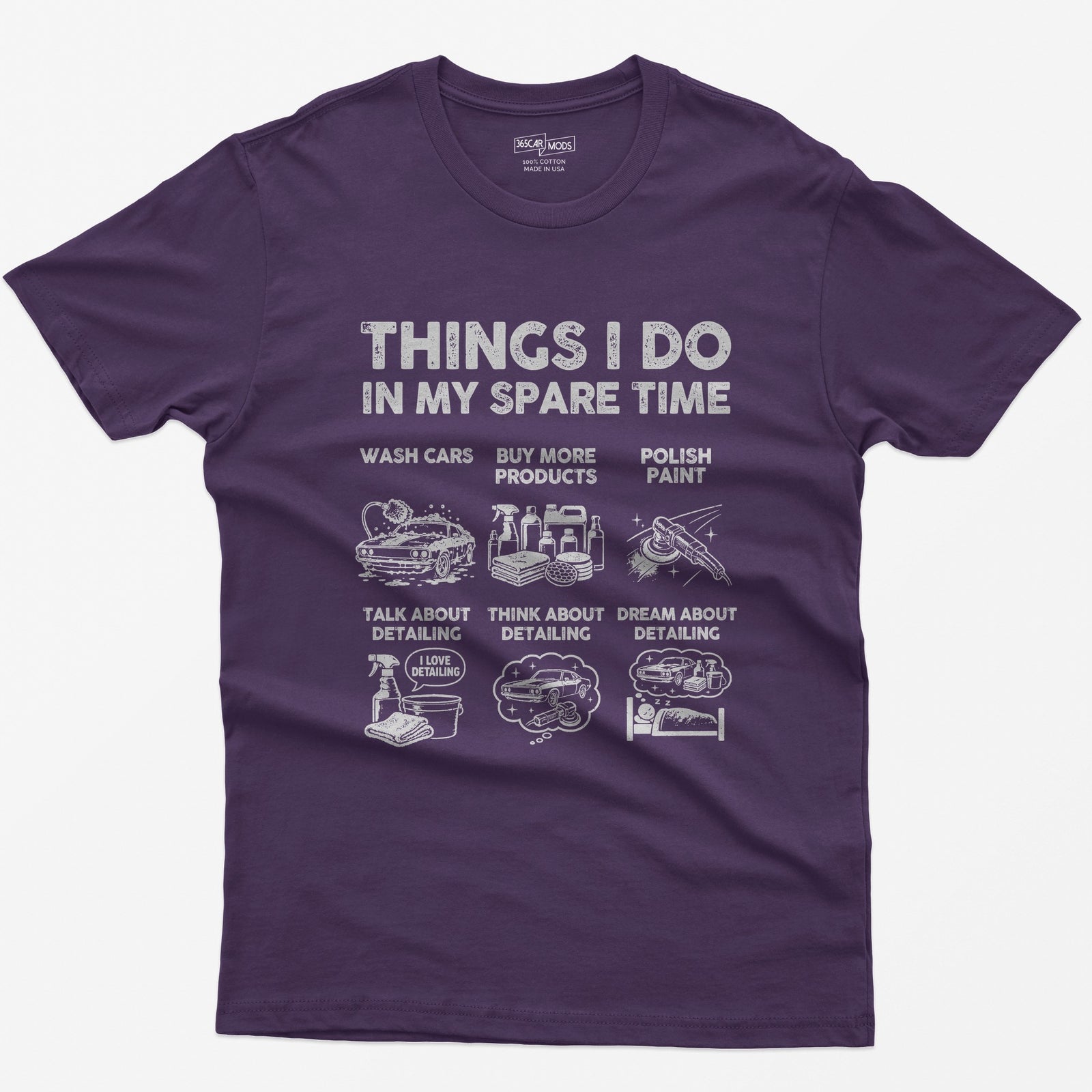Purple t-shirt with Things I Do In My Spare Time print and six detailing panels: wash, products, polish, talk, think, dream