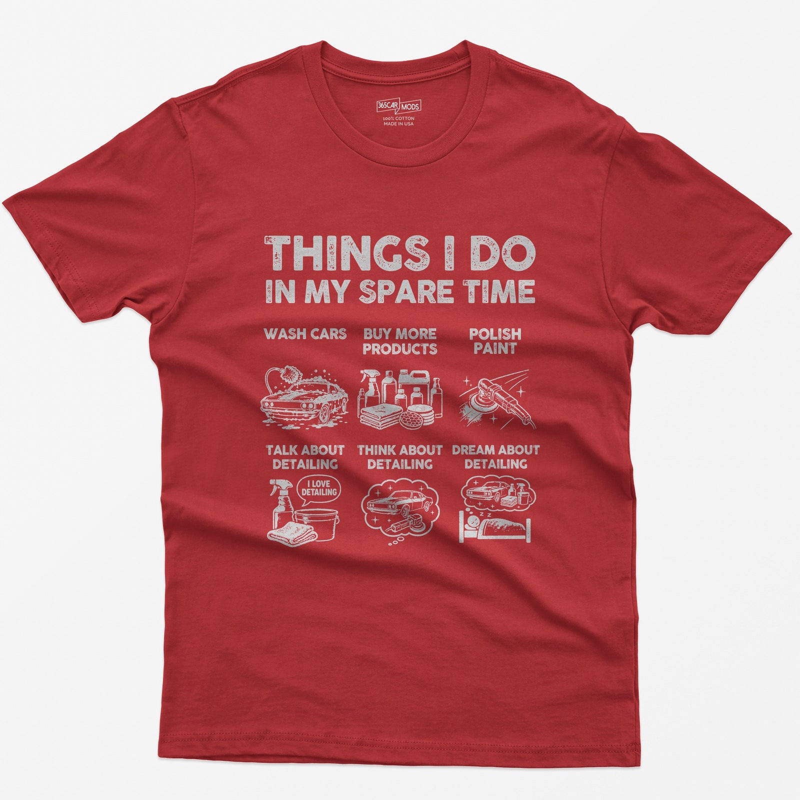Red t-shirt with Things I Do In My Spare Time print and six detailing panels: wash, products, polish, talk, think, dream