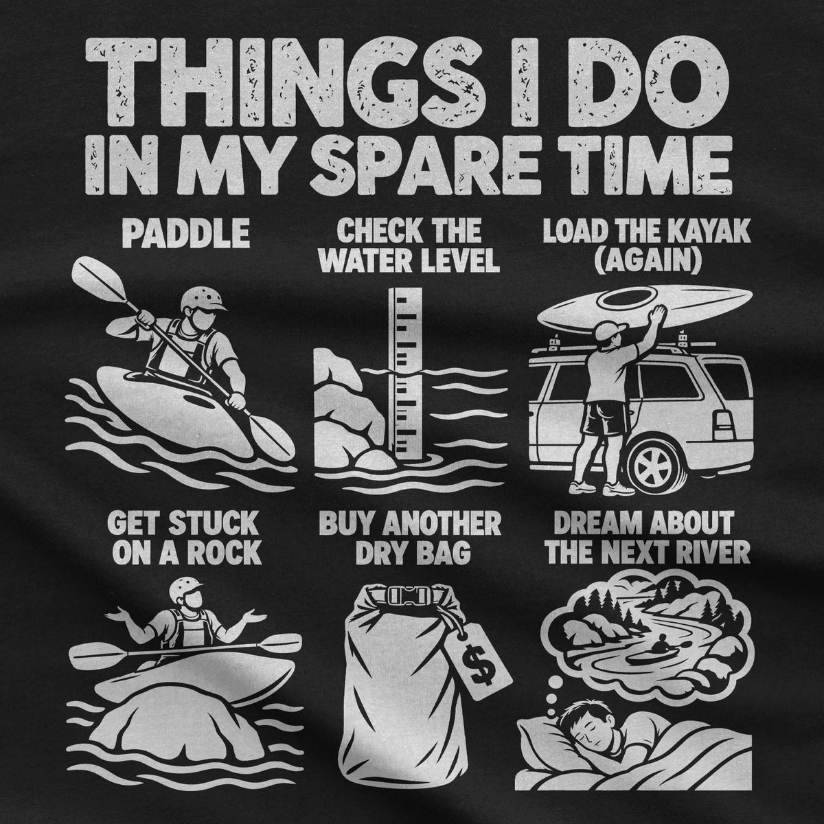 Close-up of the kayaking spare time print: get stuck on a rock, buy another dry bag, dream about the next river
