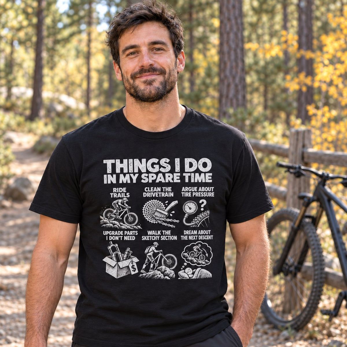 Mountain biker in the black spare time t-shirt standing next to his bike on a forest trail