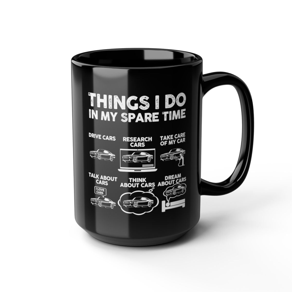 Things I Do in My Spare Time Fastback Pony Car Mug - 15oz black coffee mug, angled view
