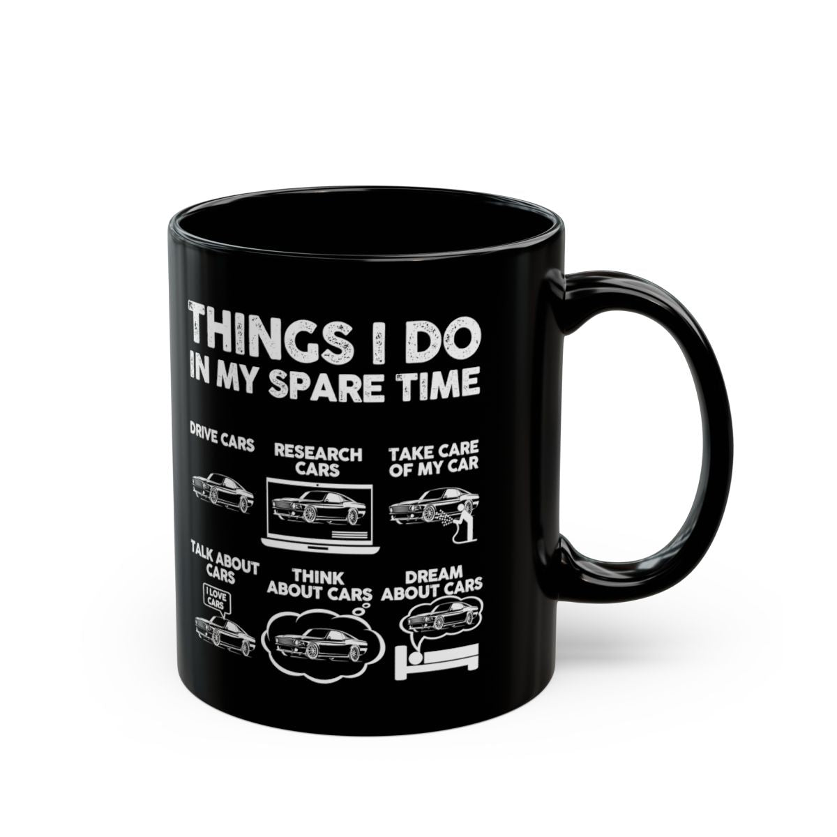Things I Do in My Spare Time Fastback Pony Car Mug - 11oz black coffee mug, handle on the right