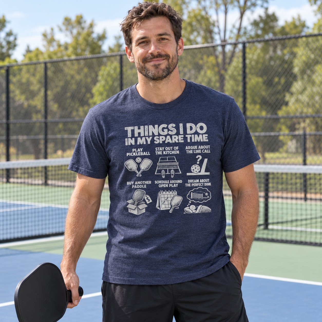 Pickleball player in the heather navy spare time t-shirt holding a paddle on an outdoor court