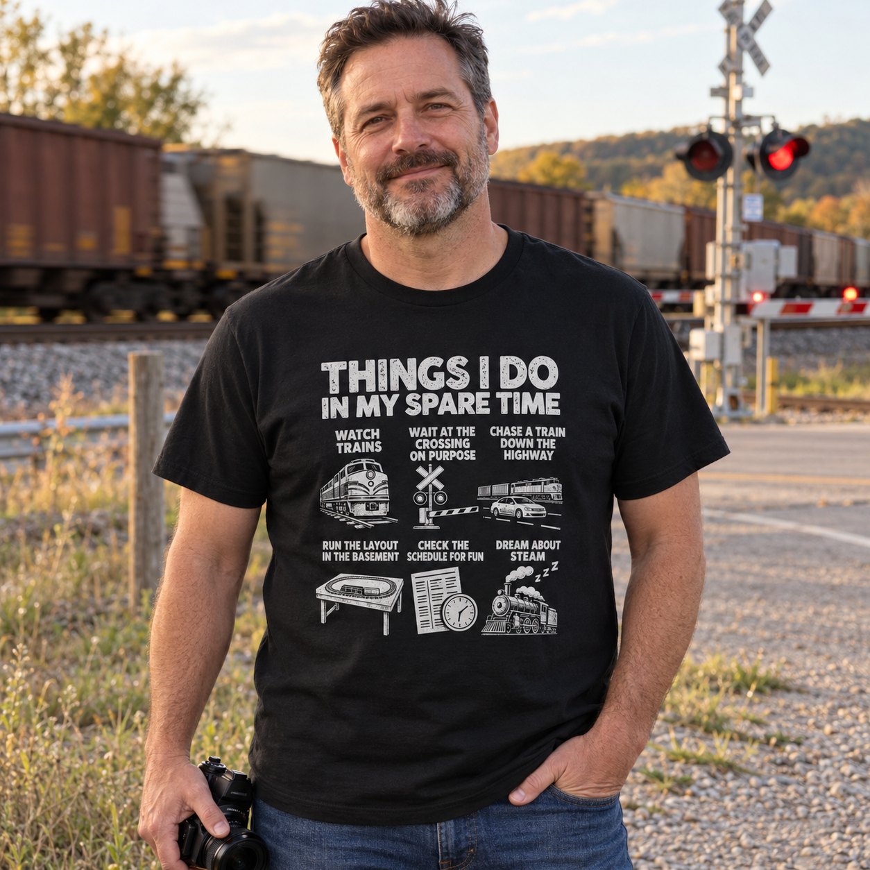 Man in the black train spare time t-shirt standing at a railroad crossing with a freight train behind him