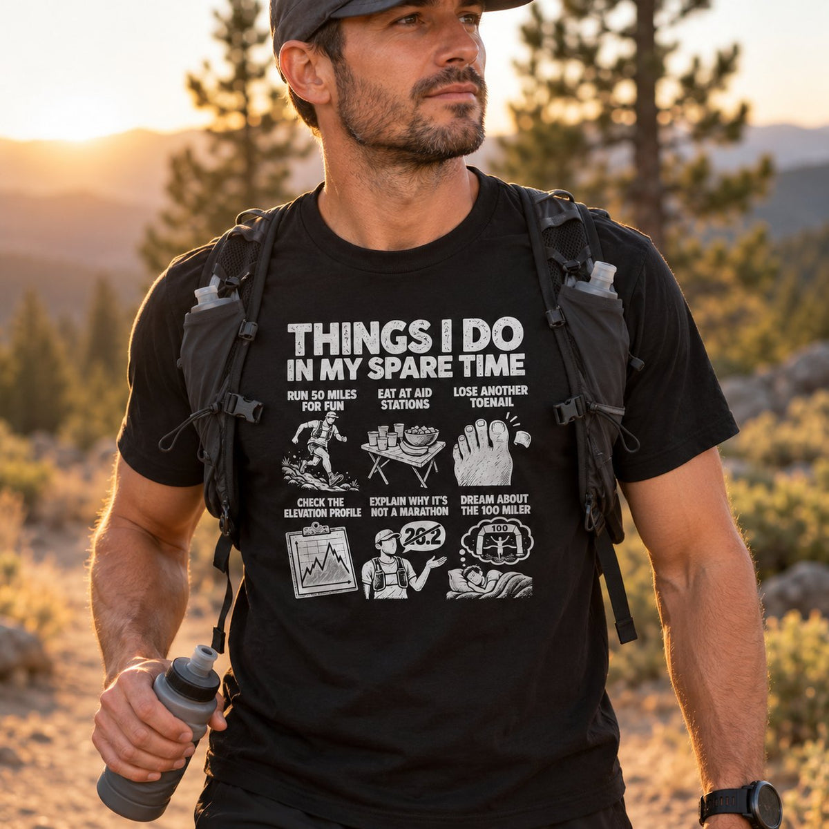 Trail runner in the black ultramarathon spare time t-shirt with a running vest on a mountain trail at sunset