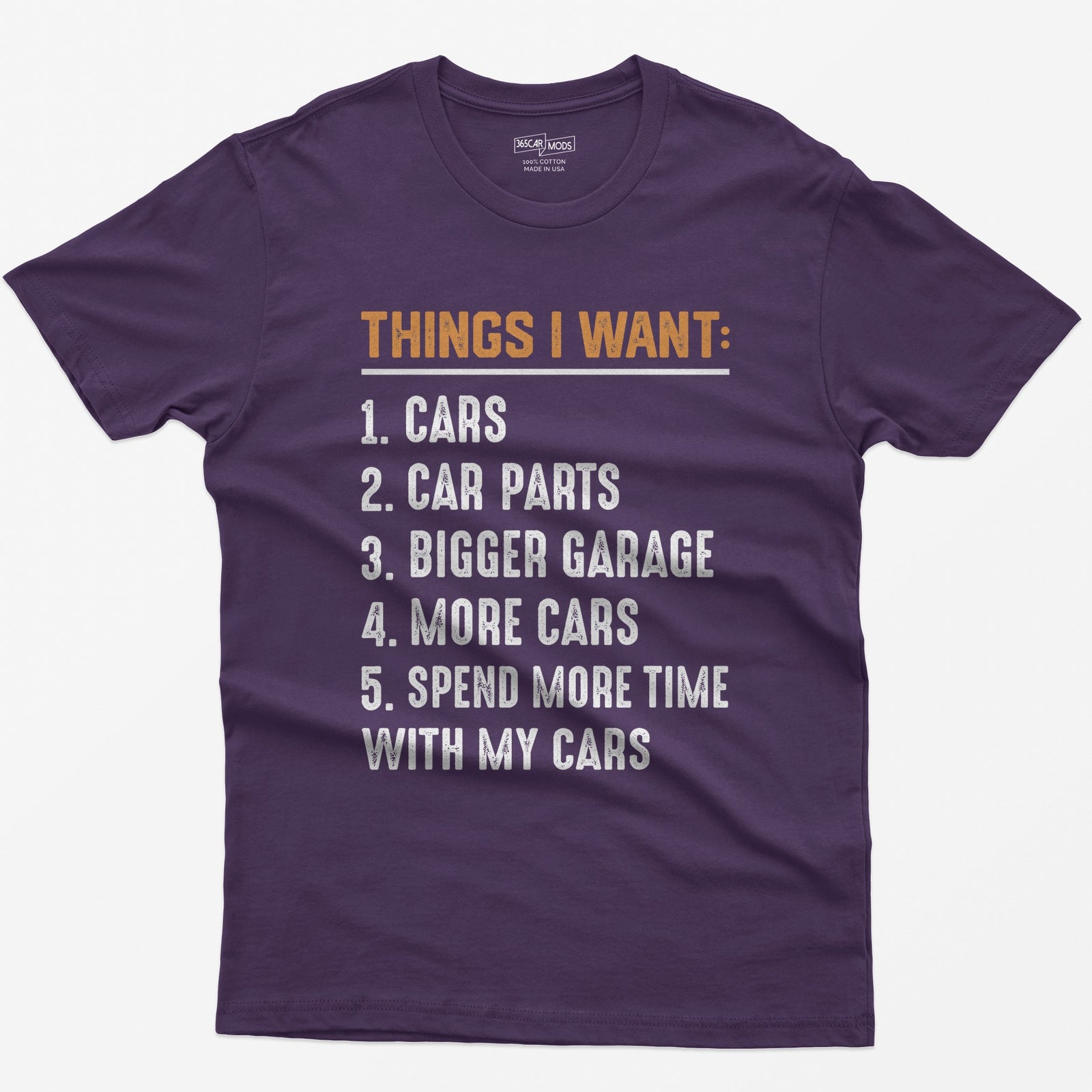 Purple t-shirt with orange Things I Want heading and numbered list: cars, car parts, bigger garage, more cars, time with cars