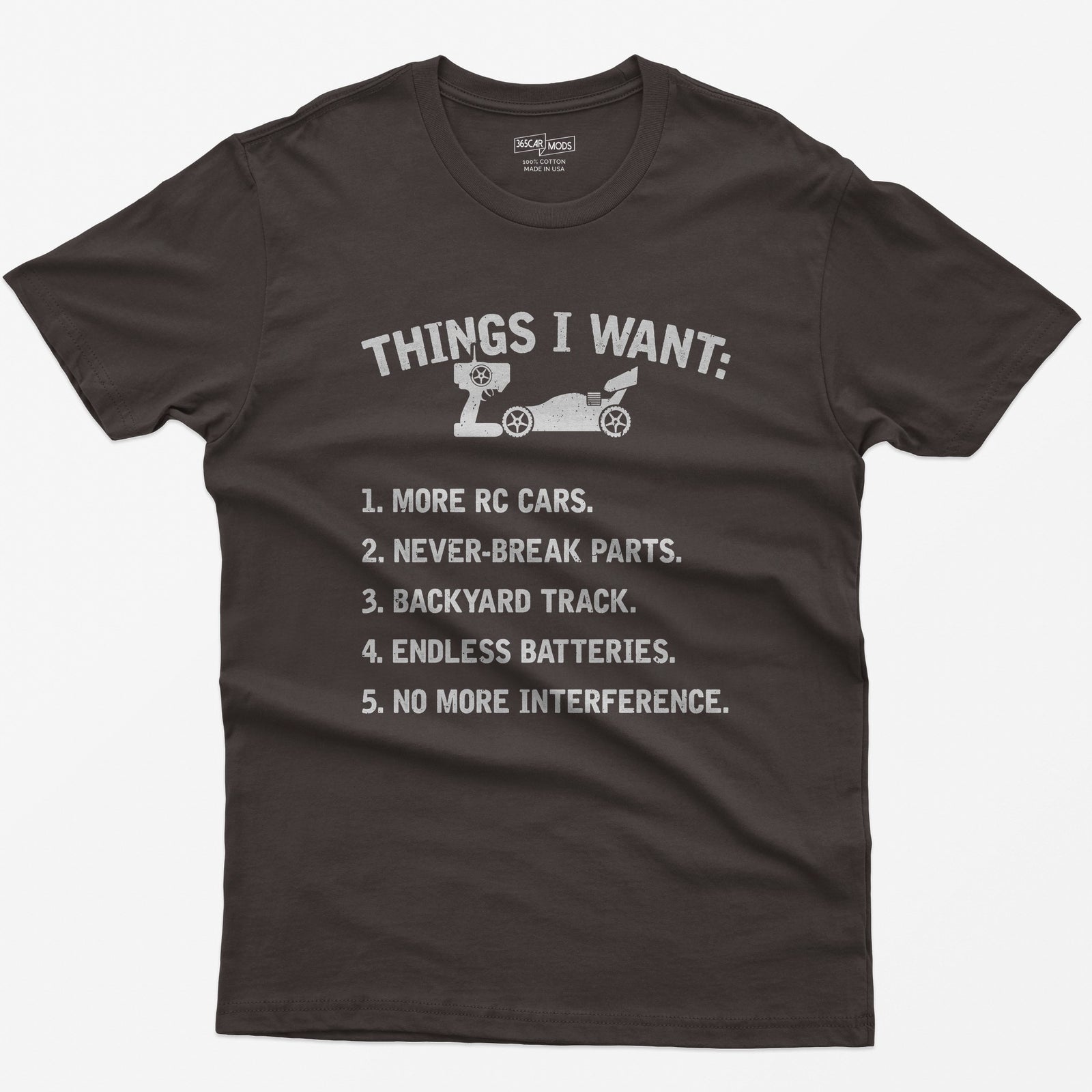 Dark Chocolate t-shirt with Things I Want print, an RC buggy and transmitter, and a five item wishlist starting with more RC cars