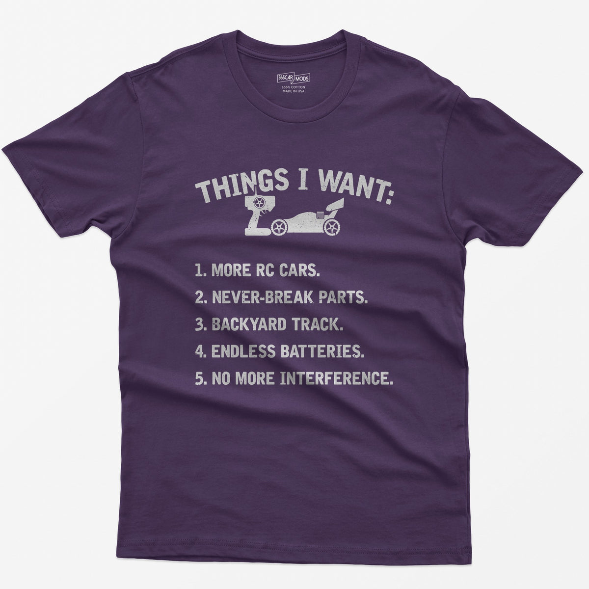 Purple t-shirt with Things I Want print, an RC buggy and transmitter, and a five item wishlist starting with more RC cars