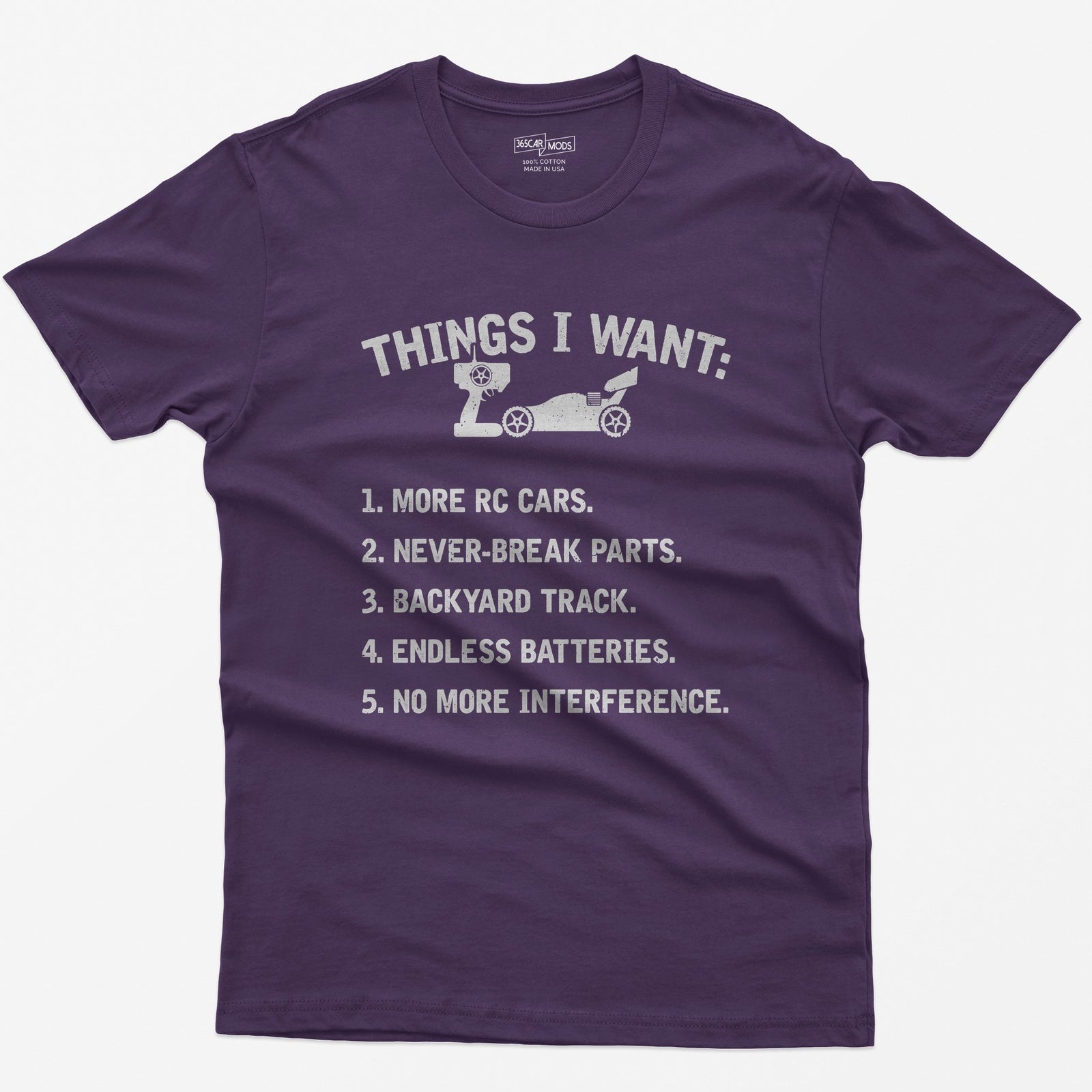 Purple t-shirt with Things I Want print, an RC buggy and transmitter, and a five item wishlist starting with more RC cars