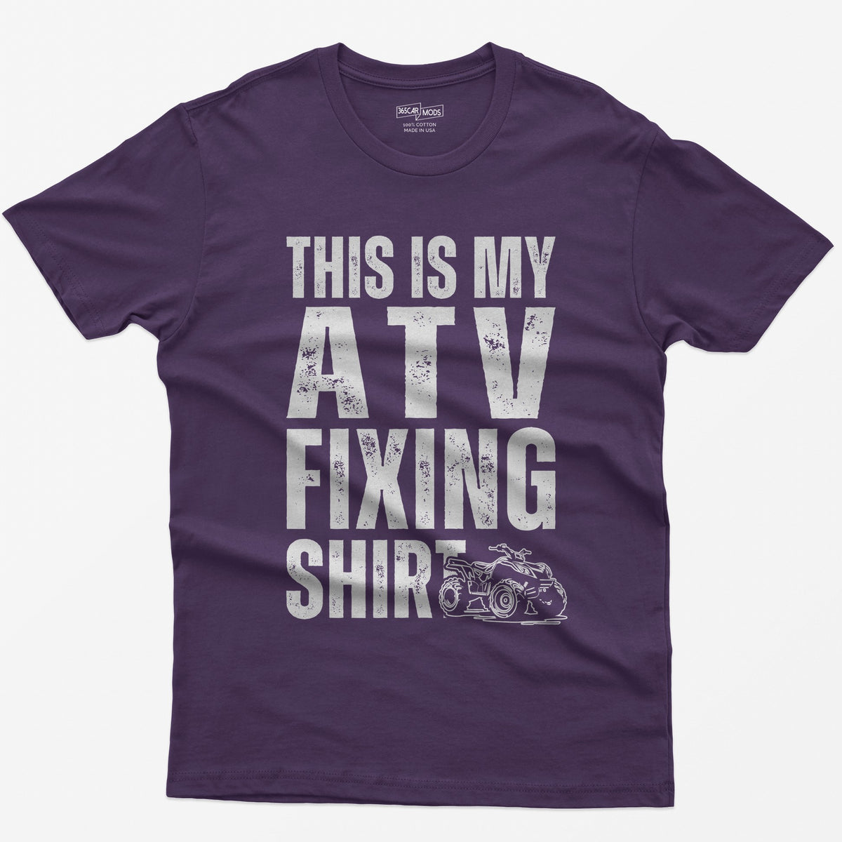 Purple t-shirt with distressed white block letters reading This Is My ATV Fixing Shirt and a small quad drawing