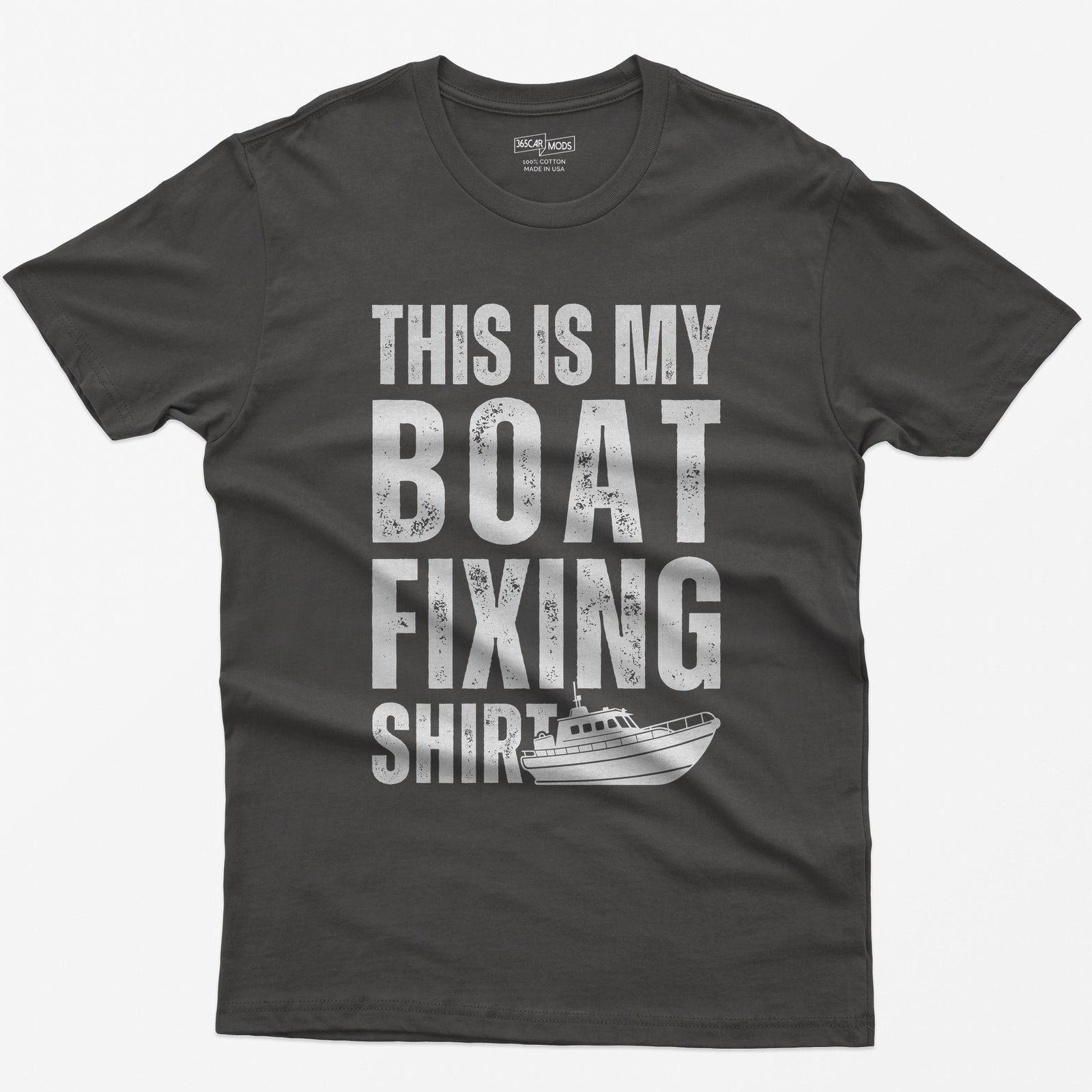 Dark Heather t-shirt with distressed white block letters reading This Is My Boat Fixing Shirt and a small cabin boat drawing