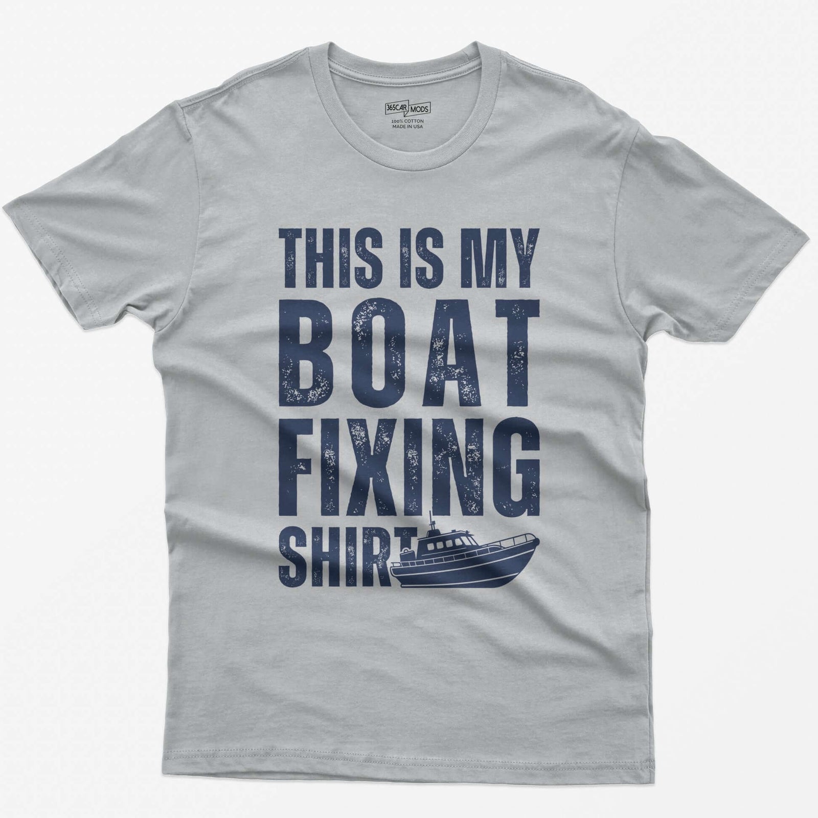 Sport Grey t-shirt with distressed white block letters reading This Is My Boat Fixing Shirt and a small cabin boat drawing