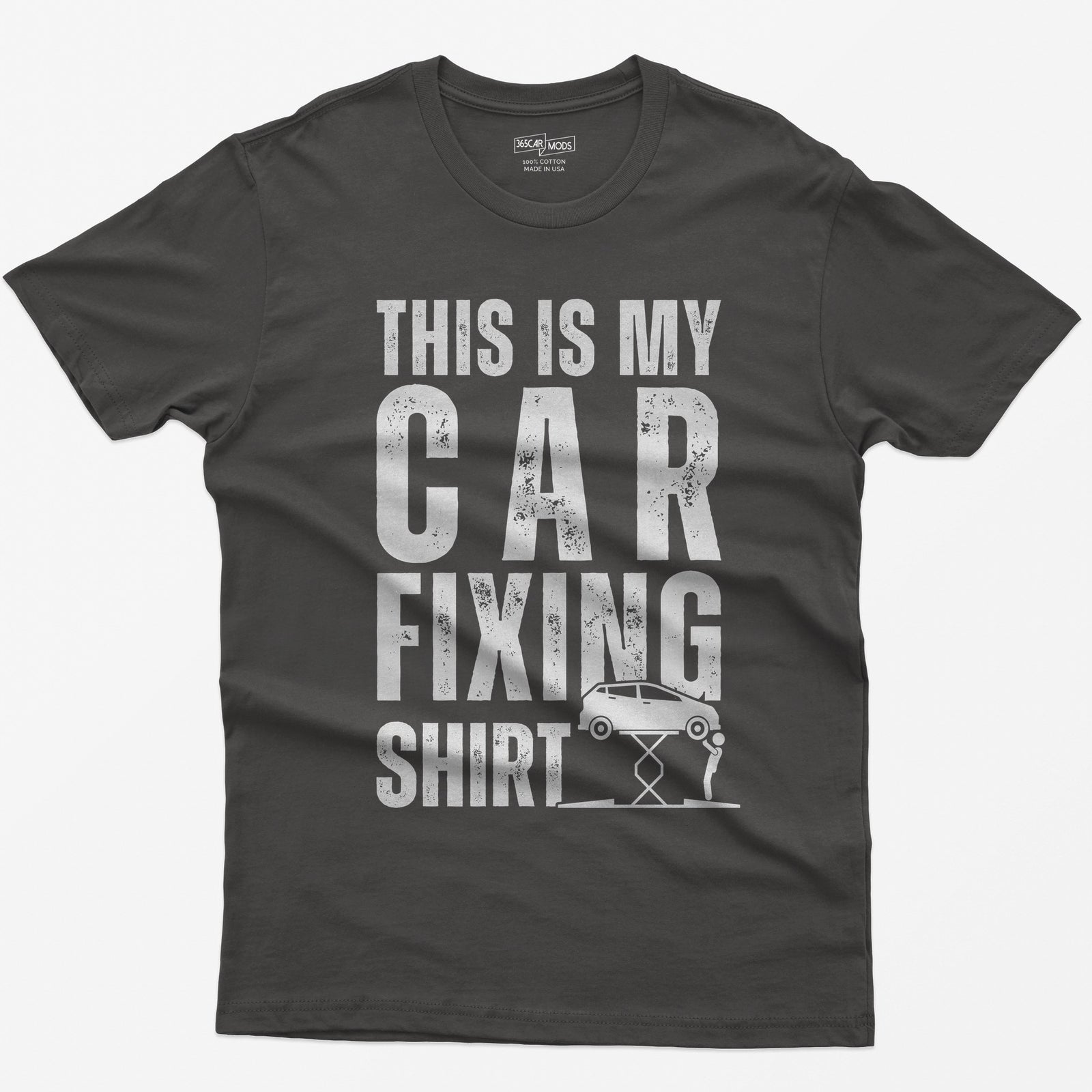 Dark Heather t-shirt with This Is My Car Fixing Shirt in distressed white capitals and a small hatchback raised on a scissor jack