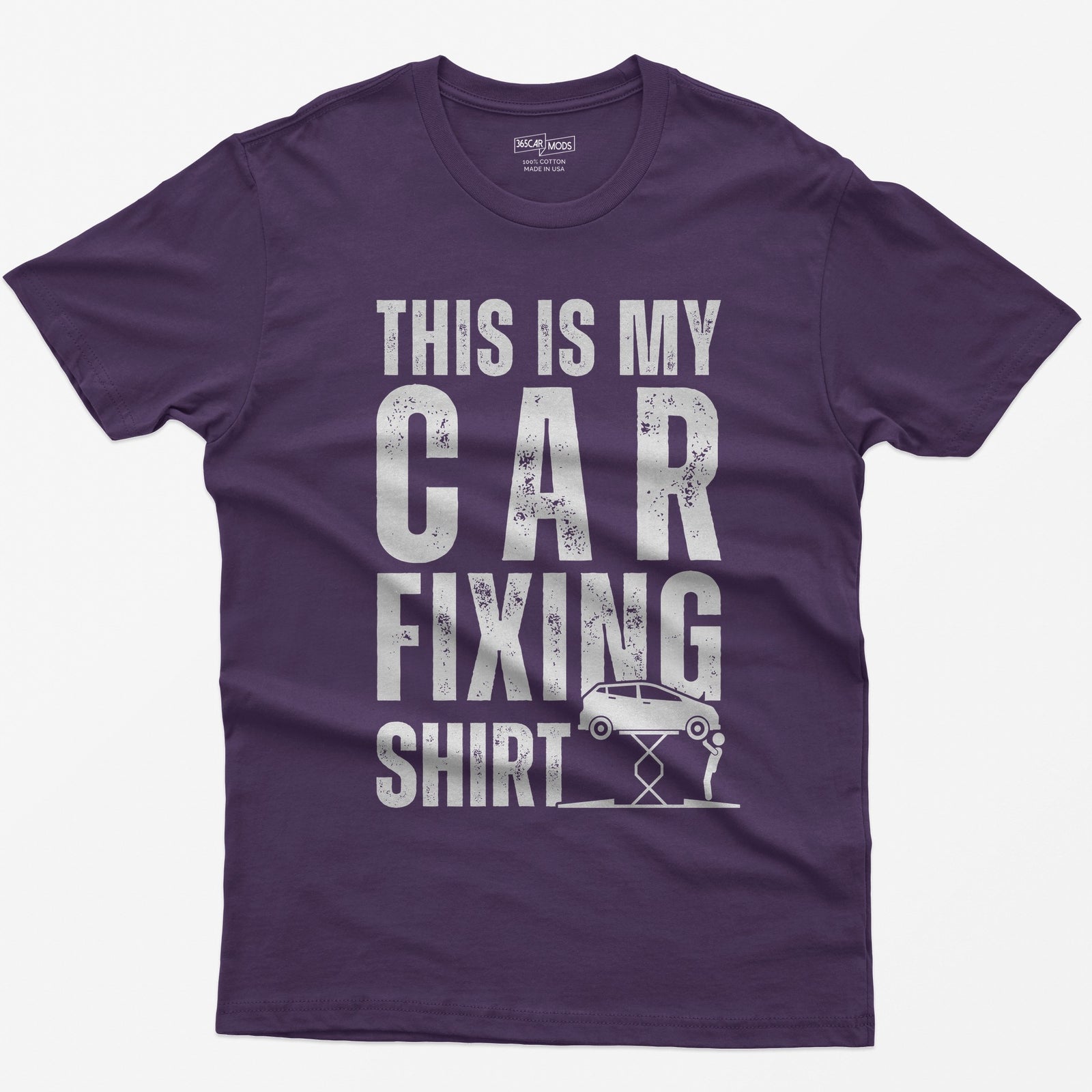 Purple t-shirt with This Is My Car Fixing Shirt in distressed white capitals and a small hatchback raised on a scissor jack