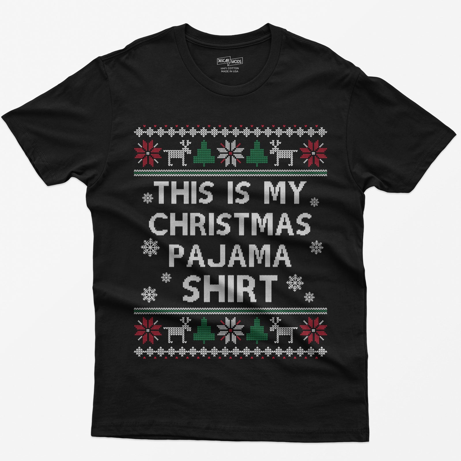 Black t-shirt with This Is My Christmas Pajama Shirt in knit-style lettering inside reindeer, tree and snowflake borders