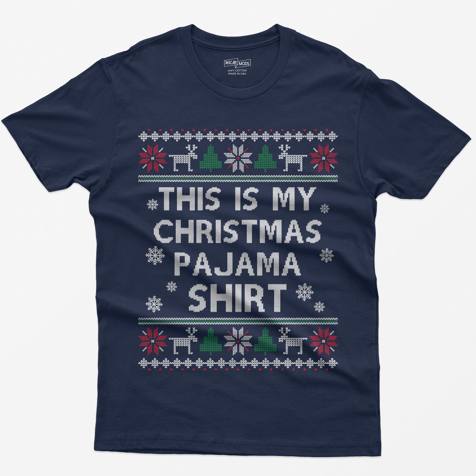 Navy t-shirt with This Is My Christmas Pajama Shirt in knit-style lettering inside reindeer, tree and snowflake borders